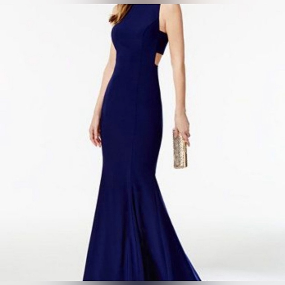 EUC BETSY & ADAM Womens Navy Blue Cutout Mermaid Gown  High-low Sz 4  $250